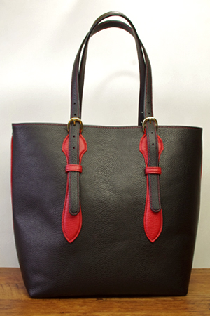 トートバッグ：革鞄：赤x黒